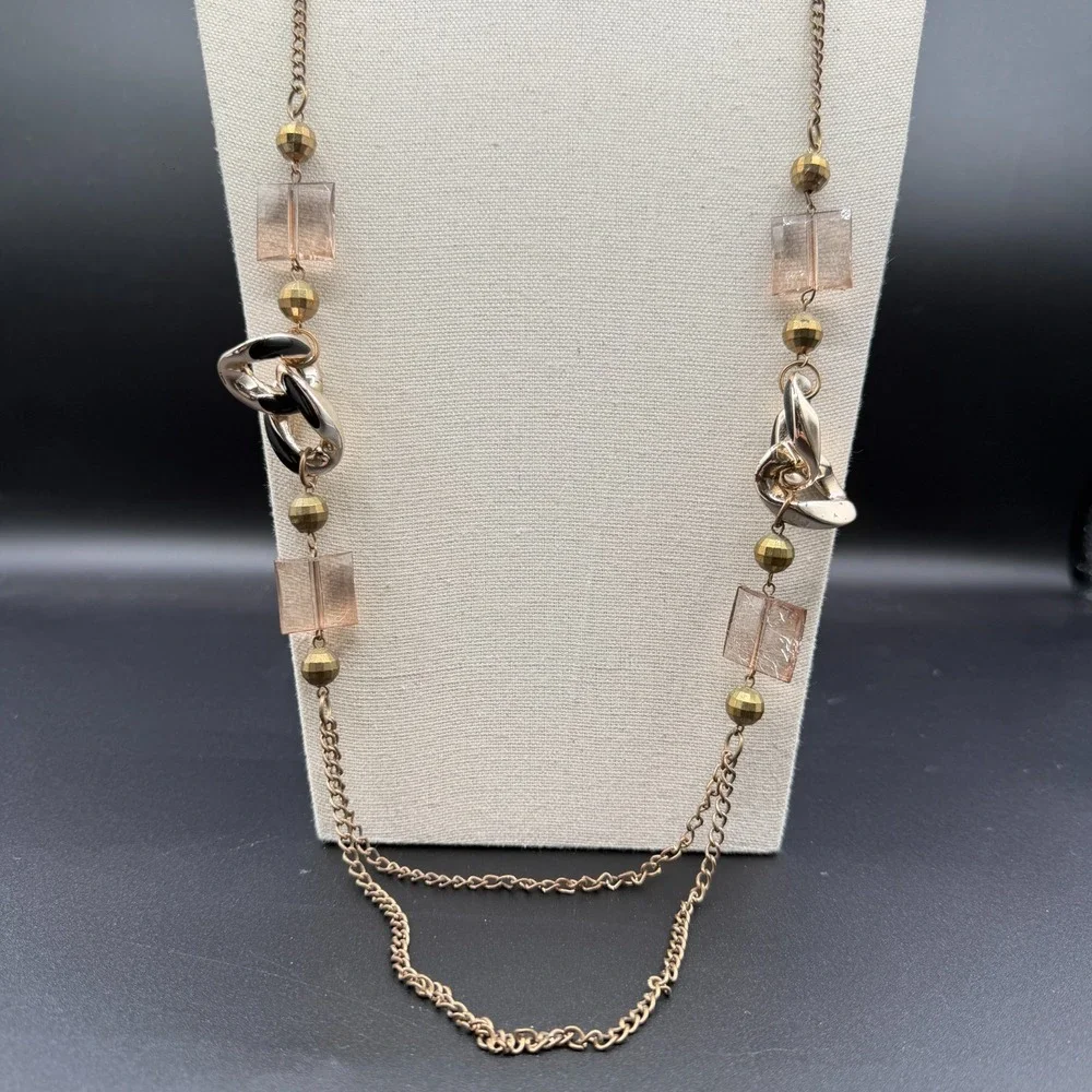 Gold Tone Long Chain Necklace Pink Lucite Beads Black Enamel Links Layered Boho